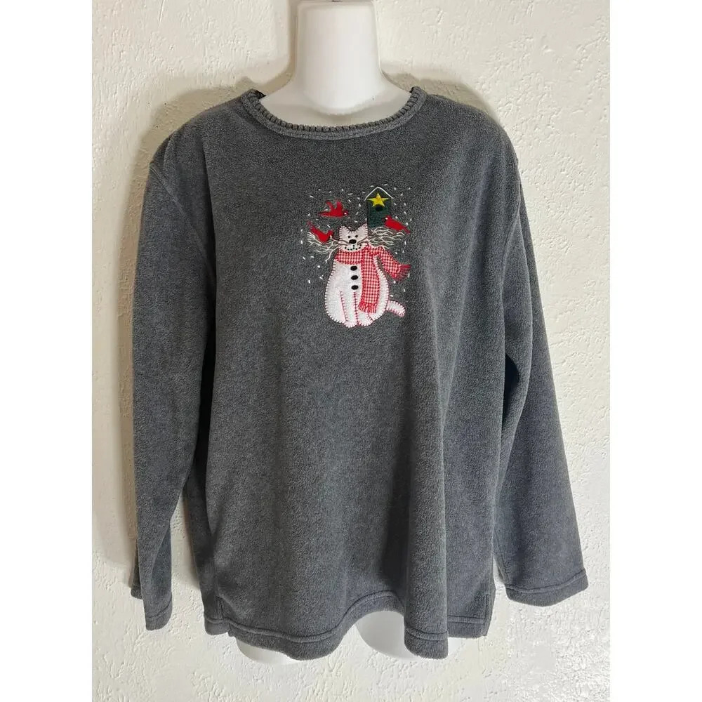 Vintage Stephanie Rogers Womens Fleece Christmas Sweatshirt Sz Large Gray Cat